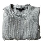 French Connection Gray Crew Neck Ribbed Sweater Sz XXL Pearl Embellished Baggy Photo 2