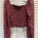 Jopna Blouse Size L Burg/Blue Floral Smocked Body Long Chiffon Sleeves Ruffle Size L Photo 0