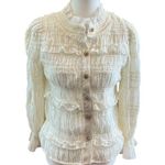 White Frilled Ruffled Button Up Blouse Feminine Romantic Victorian Gold Photo 0