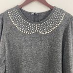 ZARA  Sweater L Embellished Peter Pan Collar Pearl Rhinestone Crewneck Gray Photo 7