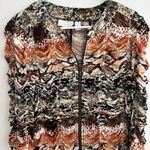 Chico's 2/L Brown Black Blouse Jacket Abstract Animal Zip Ruched 3/4 Sleeve Bold Photo 0