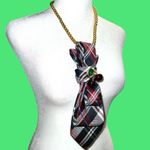 Dainty Dapper”Plaid Necktie Necklace with Gold Beads and cherry brooch. Red Photo 2