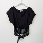 Anthropologie [] Black Faux Leather Tie Waist Short Sleeve V-Neck Top Sz Small S Photo 3