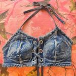 denim y2k lace up open back halter bra crop top Photo 0