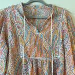 SheIn Peacock Pattern Print Tie Neck Lantern Sleeve Blouse Peplum Top Photo 4