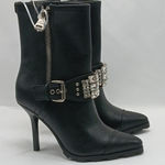 Karl Lagerfeld Boot Women 6.5 Black Leather Crystal Whimsigoth Western Glam Moto Photo 0