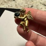 Avon Holiday Lapel Tack Pin Gold Tone Green Rhinestone Cherub Angel Photo 5