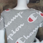 Champion T Shirt Woman's Small Heritage Athletic Gray Cropped All Over Script Photo 5