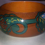 Vintage Wooden Green Paisley Design Boho Bangle Bracelet Brown Photo 4