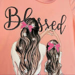None Blessed Studded Bling Bling Top Short Sleeve Pink Mom Daughter Print New Photo 4