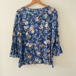 Fred David  Blue Floral Tie Neck Blouse with Bell Flutter Sleeves Size Large‎ Photo 5