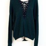 EXPRESS NWT Lace Up Deep V Neck Hi Low Green Knit Sweater Pullover Medium Photo 0