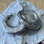 Sterling Silver 1" Drop Etched Pierced Wire Hollow Hoops Earrings EUC‎ Photo 0