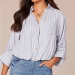 Democracy  Three Quarter Tucked Sleeve Button Down Spliced Stripe Woven Shirt Photo 7