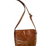 Vtg 1970s Ann Ringness Brown Novelty Hand Design Croc Emboss Leather Saddle Bag Photo 0