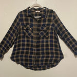 Terra & Sky Navy Tan Plaid Button Down Shirt 0X | Long Sleeve Flannel Style Top Photo 0
