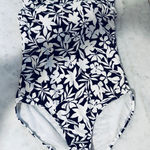 Lands' End  Womens Swimsuit One Piece Size 12 Black White Floral Ruffle Photo 0