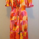 Farm Rio Patch Twirl Midi Dress Orange Multi Size Medium Photo 0