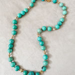 Vintage Chinese Turquoise Carved Shou Bead Strand Gold Plated Necklace Blue Photo 0