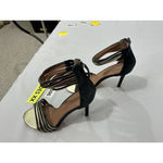 Womans BCBG Maxazria 37 (6.5) Black Gold One Band Ankle Cuff Stiletto Sandals Photo 2