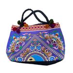 Embroidered 100% Cotton Thailand Boho Hand Bag Shoulder Bag Purse Zipper Pom Pom Blue Photo 5