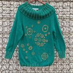Vintage 90s teal gold art deco beaded cowl neck tunic sweater MEDIUM Green Photo 0