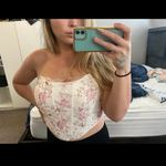 Floral Print Contrast Embroidered Mesh Curved Hem Tube Top White Size L Photo 3