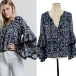 MISA Los Angeles Maya Bell-Sleeve Top Paisley Pom Trim Navy Blue Size XS Photo 1