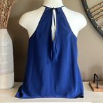 BCBGMAXAZRIA Claudia Blue 100% Silk Cascading Ruffle High Neck Halter Top Small Photo 1