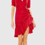 Mac Duggal NWT Short Puff Sleeve Faux Wrap Dress in Rusty Red Size 2 Photo 0