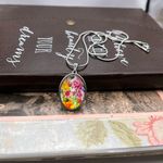 Handmade Vibrant Floral Cabochon Pendant Necklace – Stainless Steel Chain Photo 1