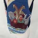 Vintage Noahs Ark Needlepoint Embroidered Animals Vest Open Front Blue Womens L Size L Photo 4