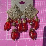 Natasha red resin long beads drops earrings gold Indian Rhombus shape hallow Photo 3