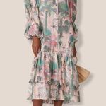 LoboRosa Pink Floral Puff Sleeve Palms Button Front Up Dress Size Large Photo 0