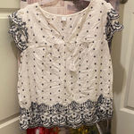 Old Navy White and Navy Embroidered Blouse Photo 0