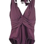 MiracleSuit  One Piece Swimsuit Halter Ruched Waist V Neck Padded Purple Medium Photo 0