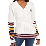 Tommy Hilfiger Sweater Ivory V-Neck Varsity Cable Knit Pullover Size L MSRP $79 Photo 0