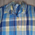 Evan Picone  100% Linen Blue and Yellow Plaid Button-Up Shirt Photo 1