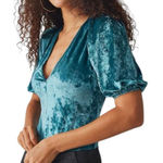 Free People  Don't you Wish Deep Teal Velour Puff‎ Sleeve Bodysuit Small V-Neck Photo 0