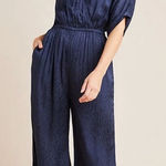 Anthropologie Maeve Jaqueline Jacquard Jumpsuit Leopard Print Navy Blue Size XL Photo 0
