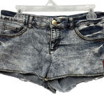 No Boundaries Y2K  Women's Denim Shorts Embroidered Acid‎ Wash Raw Hem 9 Photo 0