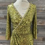 Theia Green Sequin Mesh Faux Wrap MIDI Dress 3/4 Length Sleeve Size 4 NWT Photo 1