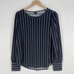 Ann Taylor  Blouse Top Womens Medium Petite Navy Blue White Striped Puff Sleeve Photo 0