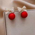 Bow Knot Round Faux Red Pearl Rhinestone Earrings Photo 0