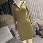 AMTIOUS 🌸 olive ribbed knit collared zipper sweater dress ✨ Green Photo 5