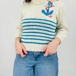 vintage coastal nautical anchor novelty striped turtleneck sweater 3/4 sleeve s Blue Photo 7