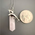 Sterling Silver Dolphin Necklace Rose Quartz  Pendant Necklace Healing Stone VTG Photo 3