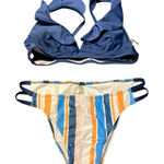 Cupshe New Bikini Womens Medium Navy Plunge Bikini Top Striped Bottom Flaw Photo 0