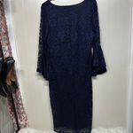 Olivia Matthews Blue Sheath Dress with Bell Sleeves and Lace Photo 5