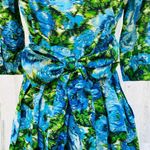 Newport News Dress Womens 4 Blue Green Watercolor 3/4 Sleeve Tie Button Front Photo 5